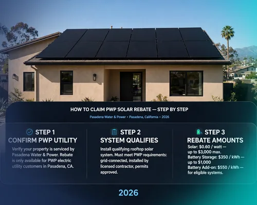 How to claim PWP solar rebate step by step 2026 Pasadena home 12 matte black solar panels.